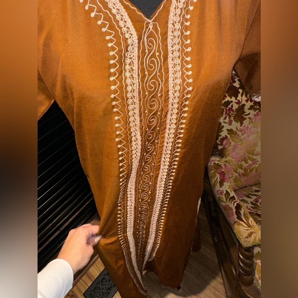Sari Sapne Dress Dark Senape Cream Embroidery Size Small - Picture 2 of 9